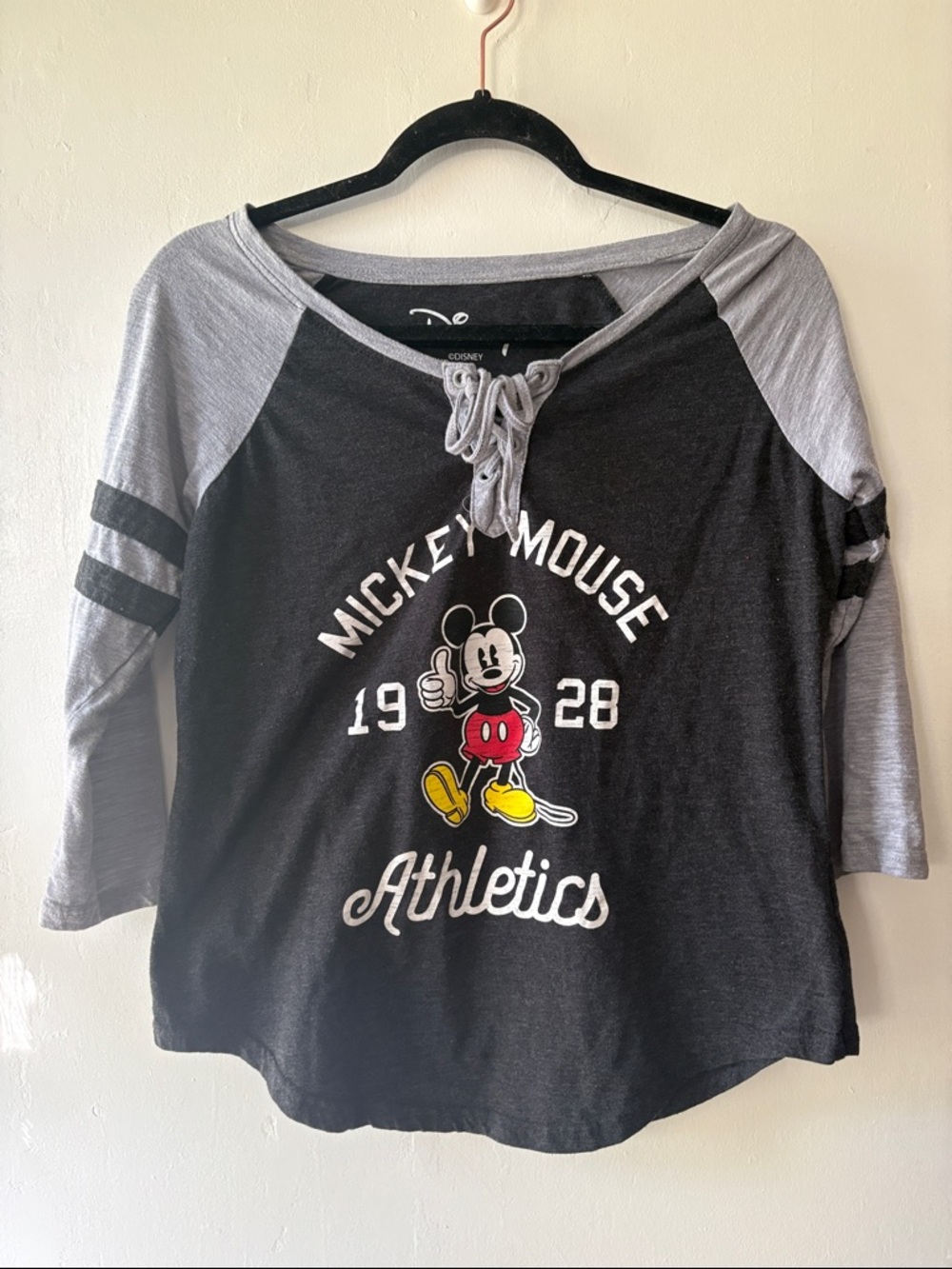 Disney Mickey Mouse Raglan Lace-Up Tee - Black, Gray, Red, Yellow